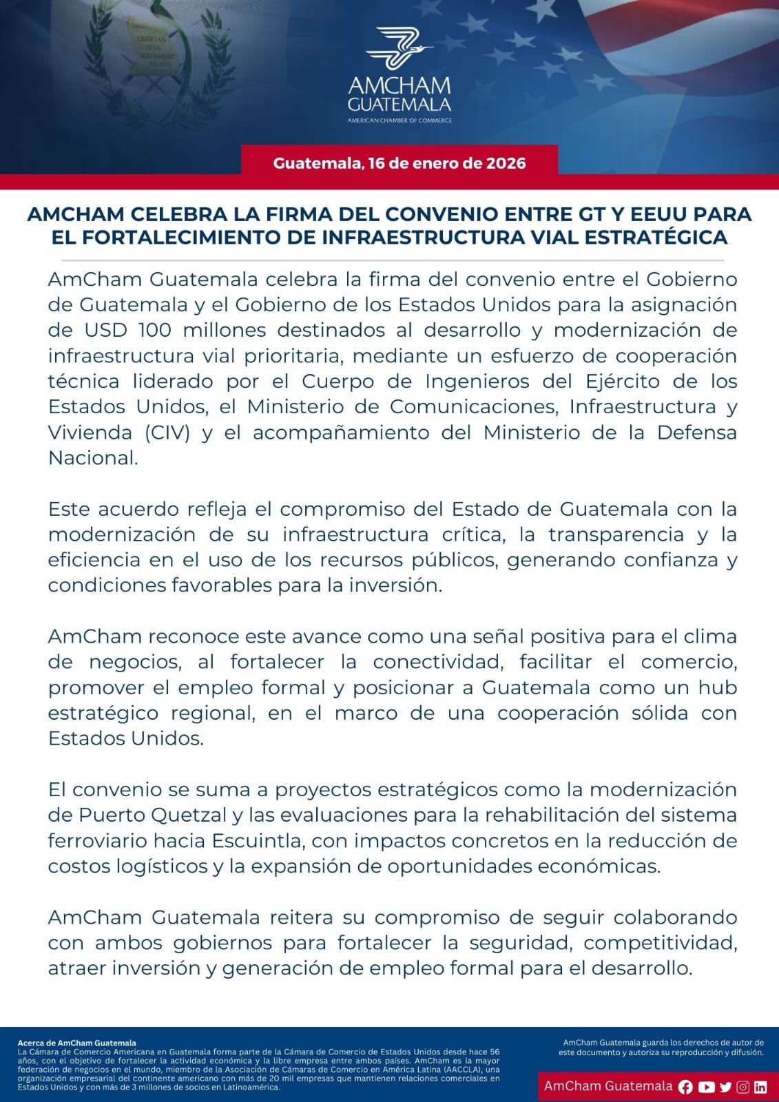 AMCHAM CELEBRA LA FIRMA DEL CONVENIO ENTRE GT Y EEUU PARA EL FORTALECIMIENTO DE INFRAESTRUCTURA VIAL ESTRATÉGICA